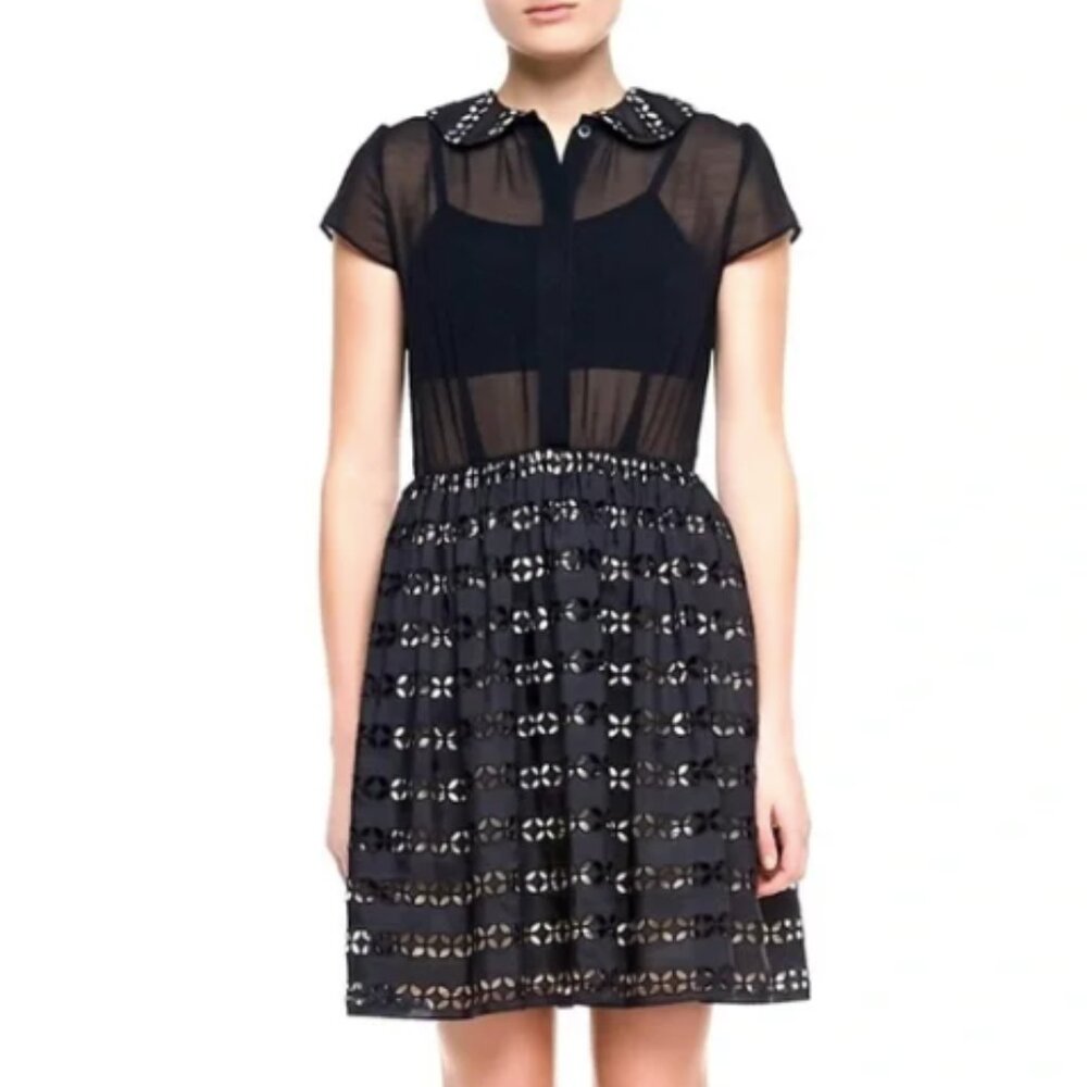 Alice +Olivia black dress short sleeve semi sheer eyelet LBD holiday party sz 2